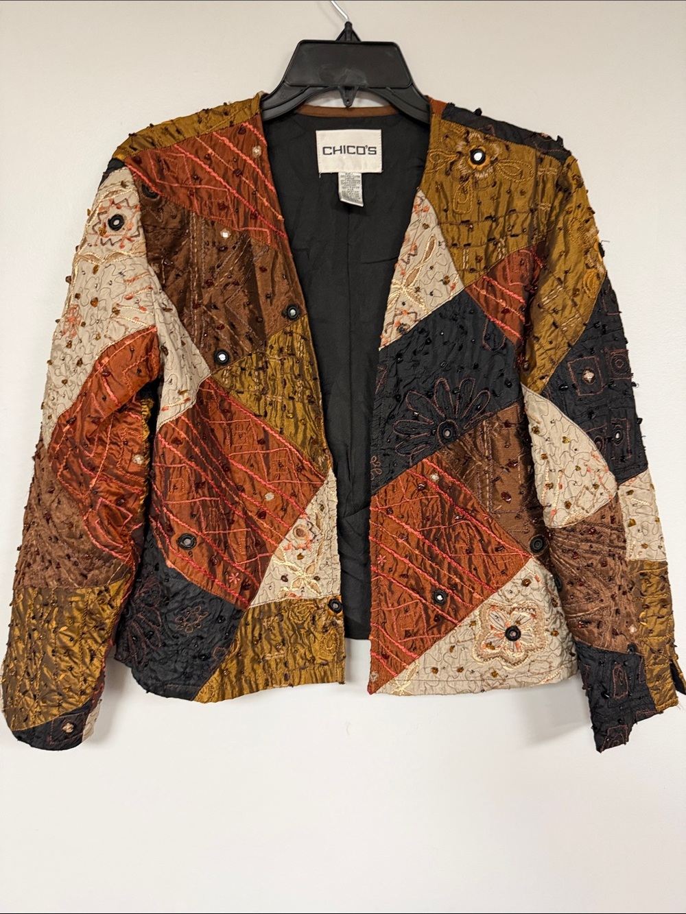 Chico's Vintage Boho  Rayon Open Front Embroidered Beads,Gems, Jacket, 0 (4-6)
